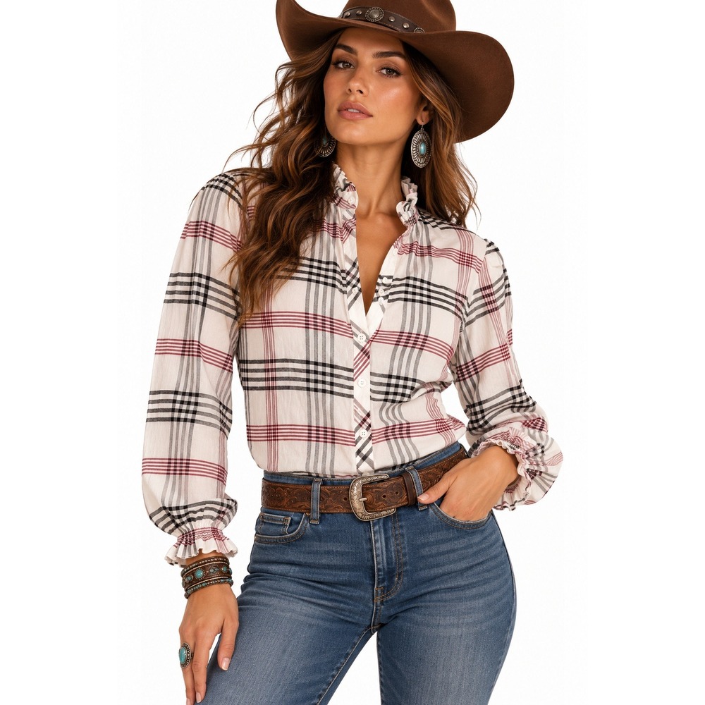 Finley Britt Plaid Ruffle Collar Blouse sz L Linen Blend Plaid Western USA Made